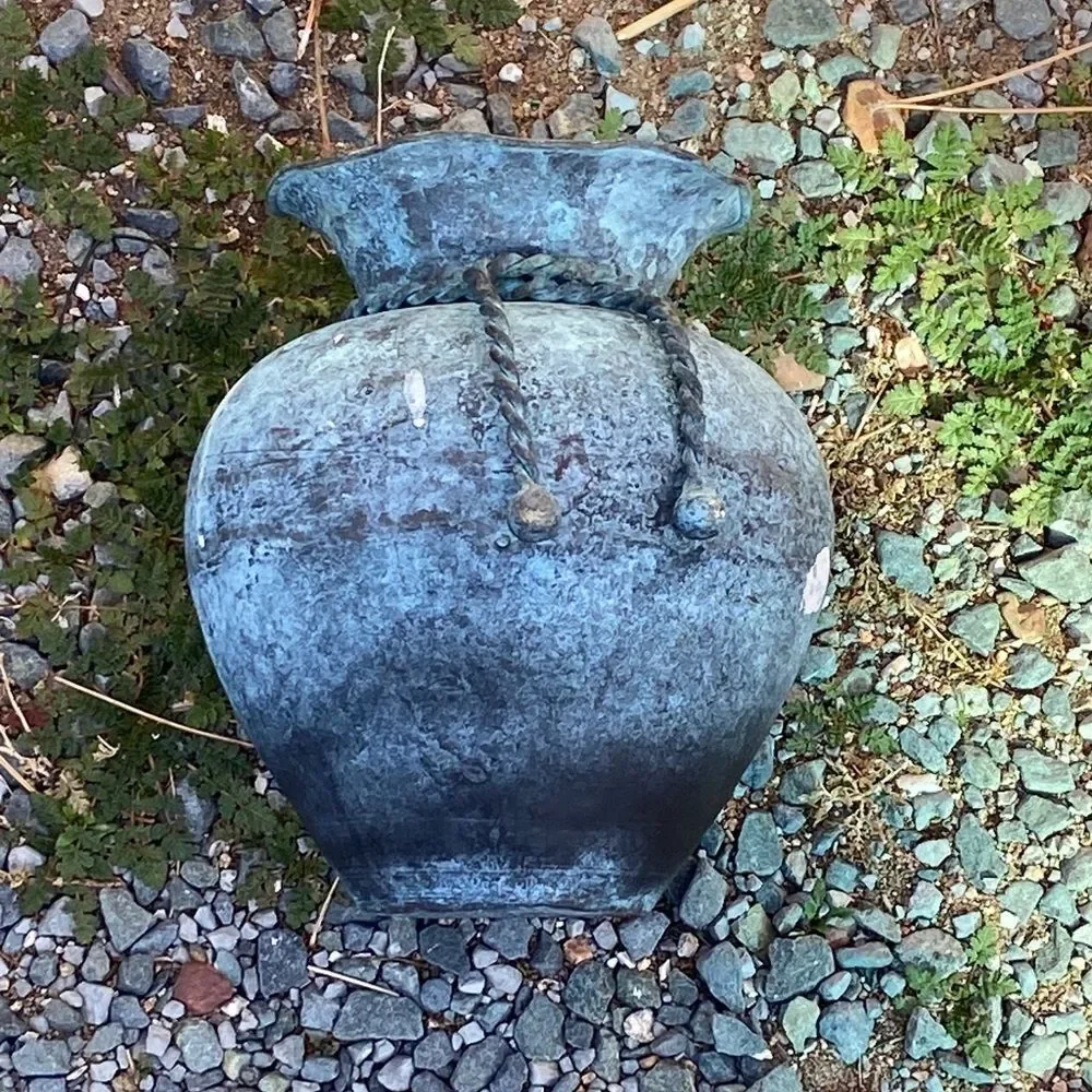 Vintage Handmade Rustic Blue Green Vase with Rope Detail